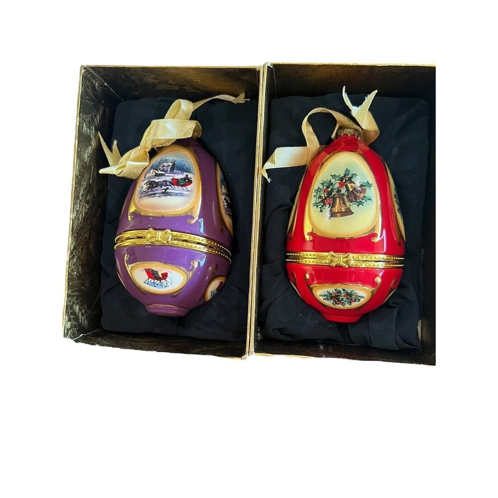Valerie Parr Hill QVC Hinged Egg Christmas Ornaments Set of 2 Red Purple Boxed